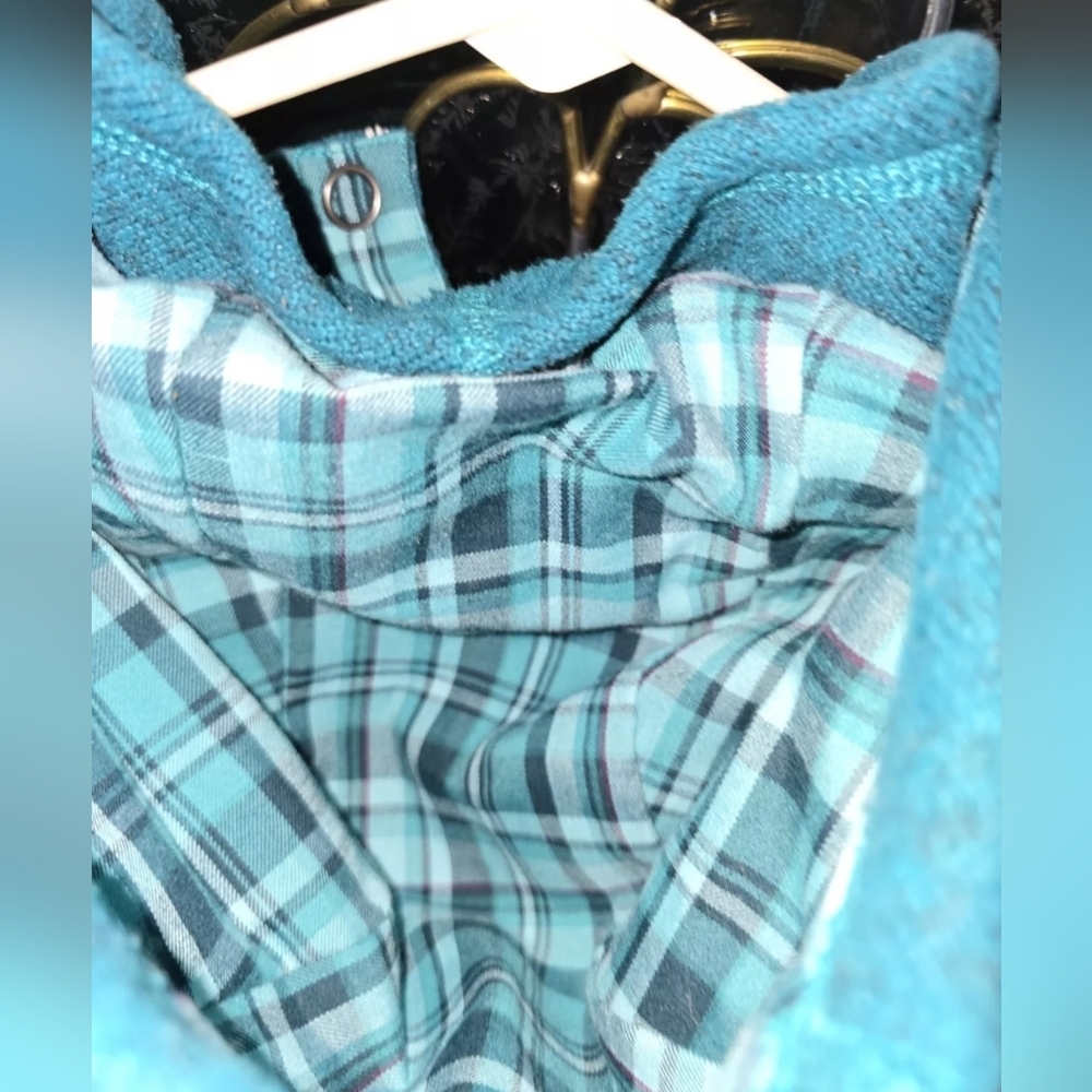 The North Face Women’s Sm Sweater Knit Fleece Sweatshirt Hood 3 Snap Plaid Teal - Picture 6 of 12